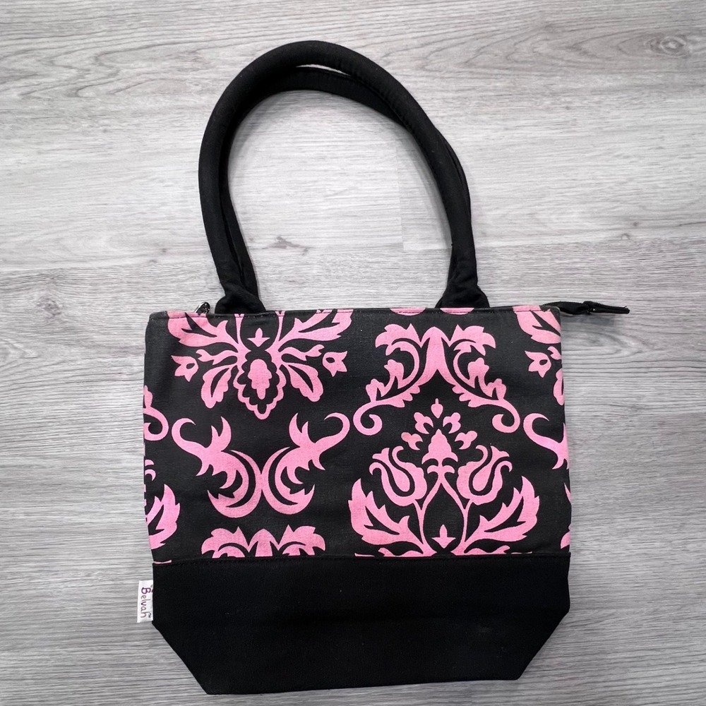 Belvah‎ Pink Damask Canvas Tote Bag Black Zippered Shoulder Bag with Metal Feet